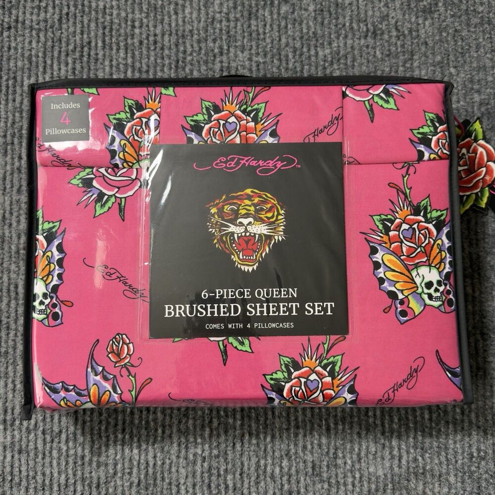 Ed Hardy Queen 6-Piece Sheet Set Pink Skull Butterfly Roses Logo Y2K NEW